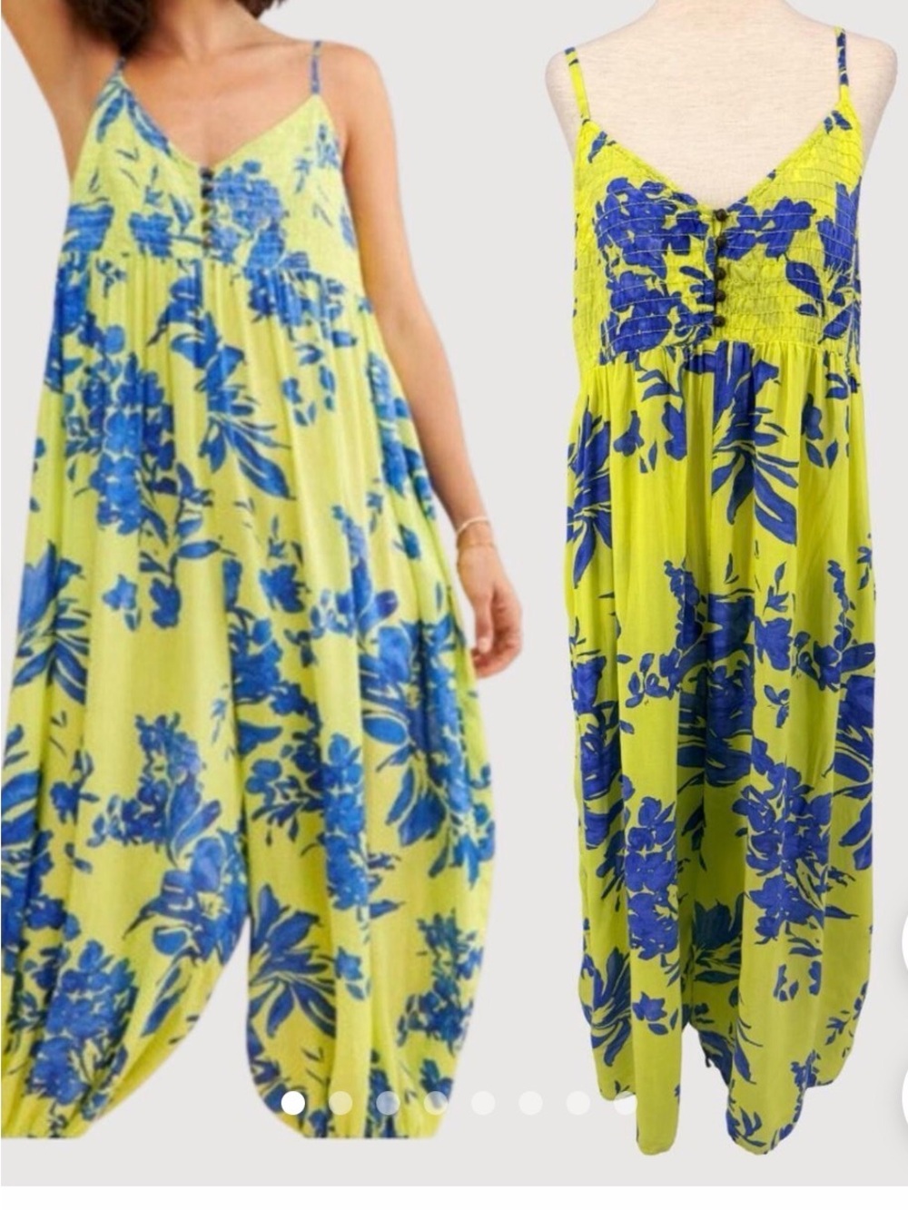Anthropologie Lime Green and Royal Blue Floral Smocked Jumpsuit // L